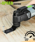 Built Different Professional Grade Corded Oscillating Multi Tool With Rock Solid 3 Amp Motor used for cutting with 7-speed adjustment.