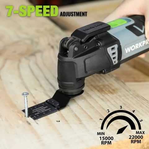 Built Different Professional Grade Corded Oscillating Multi Tool With Rock Solid 3 Amp Motor used for cutting with 7-speed adjustment.