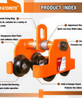2 Ton Dual Wheel Beam Trolley For 4 To 6 Inch I Beam Flanges Manual Push Hoist Trolley With Dual Track Rollers Heavy Duty Lifting Trolley For Workshop Use Adjustable I Beam Trolley That Fits A Wide Range Of Beams 4400 Lbs Capacity, showing close-up of orange trolley with dual black rollers, thick manganese steel plate, and secure lock nut