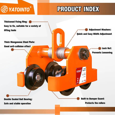 2 Ton Dual Wheel Beam Trolley For 4 To 6 Inch I Beam Flanges Manual Push Hoist Trolley With Dual Track Rollers Heavy Duty Lifting Trolley For Workshop Use Adjustable I Beam Trolley That Fits A Wide Range Of Beams 4400 Lbs Capacity, showing close-up of orange trolley with dual black rollers, thick manganese steel plate, and secure lock nut