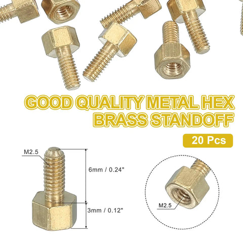 Built Tough Brass PC Standoffs Female Thread Hex Spacers M 2.5 Hardware Kit showing 20 brass standoffs arranged in mixed angles.