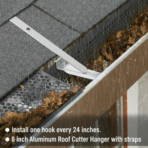 Installed Beefy 5 Set 6 Inch Aluminum Gutter Hangers With Ten Point Six Inch Straps And Rust Resistant Screws on eavesless roof.