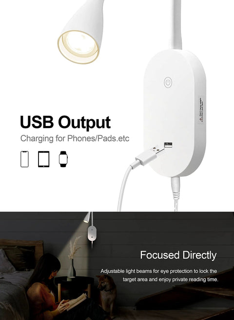 LED Wall Mount Bedside Reading Light With USB Output, 5 Brightness Levels, Touch Control, shown illuminating a book