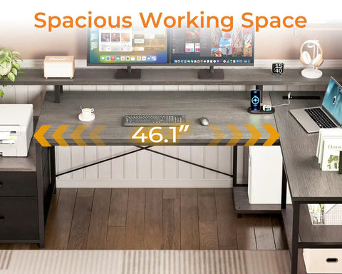 75 Inch L Shaped Desk With File Drawers And Power Outlet For Home Office, shown with dual monitor setup and keyboard on grey oak surface