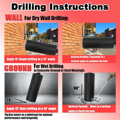 KELINER 4-in diamond concrete core drill bit infographic showing wall/ground drilling steps (15° start, 90° finish)
