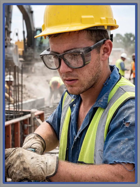 Slick Anti Fog Safety Glasses With Built In Side Shields, ANSI Z87.1 Certified, worn by a worker in a hard hat and gloves.