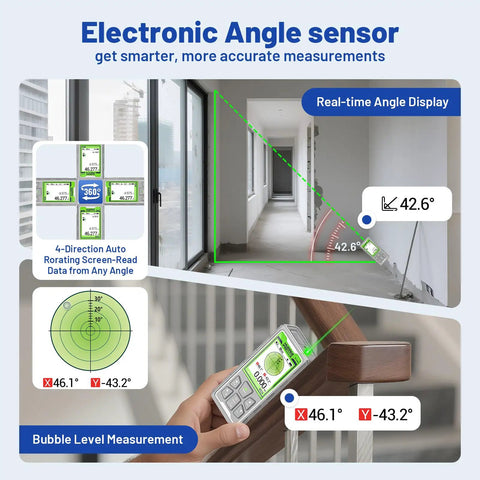 Outdoor Pro Laser Measuring Tool With 495 Ft Range Green Beam Camera Bluetooth P2P Tech Free App IP68 Rugged Build Micro USB Hand Strap And Pouch Precision To One Sixteenth Inch Ideal For Real Estate Pros And Build Crews angle sensor display