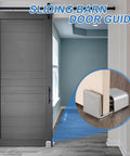 4 Pack Sliding Barn Door Floor Guide Set With Adjustable Stay Rollers And Felt Pads installed on a gray door, silver finish.