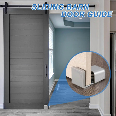 4 Pack Sliding Barn Door Floor Guide Set With Adjustable Stay Rollers And Felt Pads installed on a gray door, silver finish.