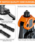 Quarter Inch Pop Rivet Gun Kit With 210 Blind Rivets And Five Tool Free Interchangeable Heads showing components and handle close-up