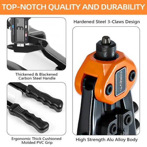 Quarter Inch Pop Rivet Gun Kit With 210 Blind Rivets And Five Tool Free Interchangeable Heads showing components and handle close-up
