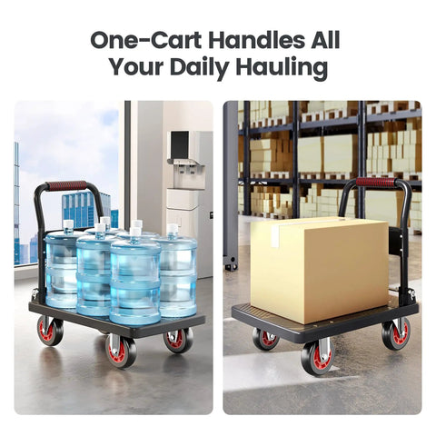 Upgraded Foldable Push Cart Dolly With 660 Lb Capacity Heavy Duty Moving Platform Hand Truck For Easy Haul, Space Saving Collapsible Utility Cart That Stows Flat In Tight Spaces And Handles Heavy Loads with water jugs and box