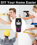 OSPSHPG Multifunctional Wall Scanner displayed with users measuring and drilling walls, demonstrating various DIY tasks.