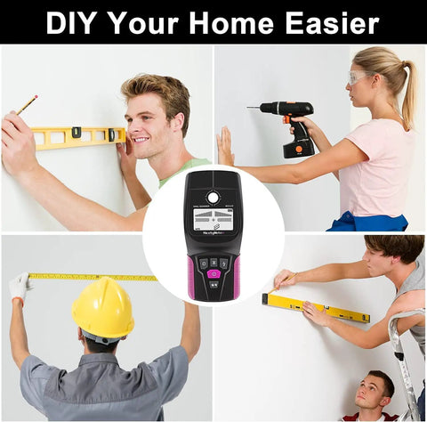 OSPSHPG Multifunctional Wall Scanner displayed with users measuring and drilling walls, demonstrating various DIY tasks.