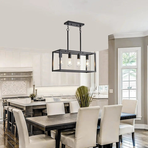 Black Farmhouse 4 Light Dining Room Chandelier With Rectangular Pendant Lights For Kitchen Island Modern Dope Adjustable Height Metal Lighting Fixture E26 Base