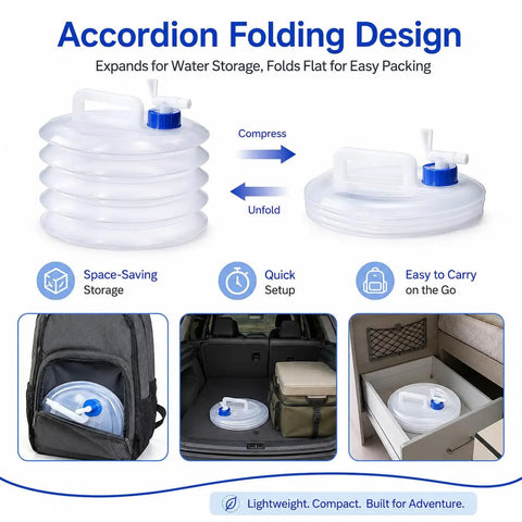 Accordion folding Grab And Go Collapsible Water Container With Spigot For Travel And Camping, 4 Gallon Portable Water Storage Carrier