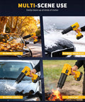 Cordless 21V leaf blower with dual 4.0Ah batteries and brushless motor used for leaves, snow, and fire starting on car and outdoors