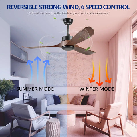 52 Inch Outdoor Ceiling Fan Without Light With 3 Solid Wood Blades, Remote Control, Walnut Wood Finish installed in living room