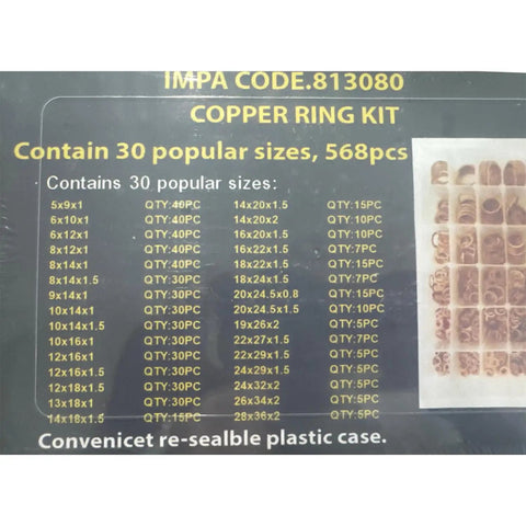 568 Piece Copper Washers Set With 30 Sizes M5 To M28 For Oil Drain Plugs And Gasket Seals packaging label