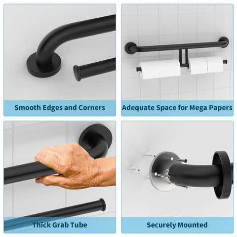 No Sweat Matte Black Grab Bar With Double Toilet Paper Roll Holder Combo Built From Hardened 304 Stainless Steel And Finished With Slick Rust Proof Coating For Smooth Wall Mounting, showing hand grip and mounting detail.