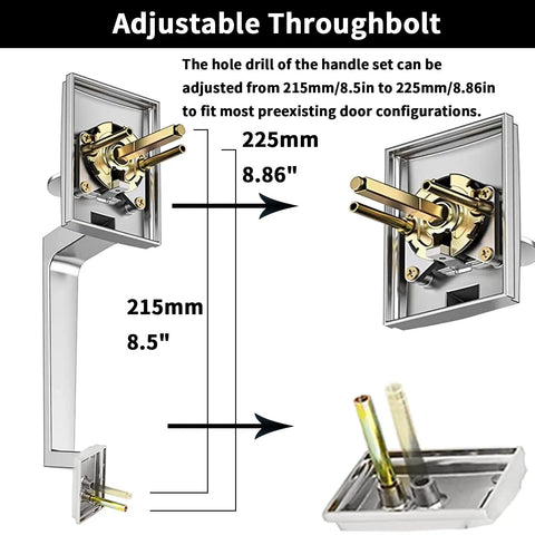 Double Door Handle Set With Dummy Lever And Single Cylinder Deadbolt, Satin Nickel Finish showing adjustable throughbolt mechanism