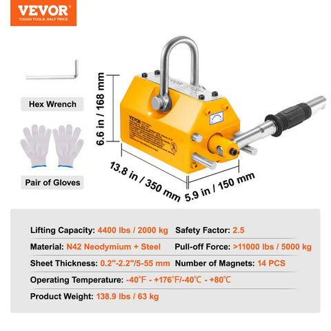 Heavy Duty 4400 Lbs Lifting Magnet With Release For Hoist And Shop Crane, Neodymium Magnetic Lifter, dimensions and accessory details
