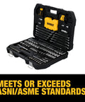 Hella Tough 142 Piece Mechanics Tool Set With Low Profile Ratchet Designed For Tight Engine Bays Featuring 1 4 And 3 8 Inch Drive Sockets in a black case.