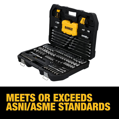 Hella Tough 142 Piece Mechanics Tool Set With Low Profile Ratchet Designed For Tight Engine Bays Featuring 1 4 And 3 8 Inch Drive Sockets in a black case.