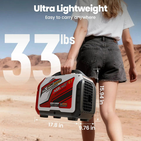 2400 Watt Portable Inverter Generator With Smart App Control Ultra Quiet Engine And Reliable Clean Power Ready To Roll, 33 lbs, compact and portable for outdoor use.