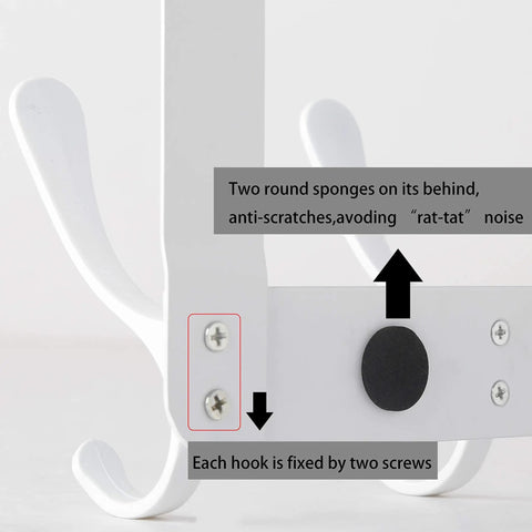 Close-up of screws and padding on white over the door coat hooks with five hooks and towel rack door hanger for coats and clothes.