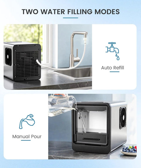 Countertop Nugget Ice Maker With Auto Water Refill Makes Legit Chewable Flake Ice In Four Minutes showing auto refill and manual pour options.