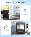Snazzy Countertop Nugget Ice Maker With Auto Water Refill, showcasing auto refill and manual pour options beside a kitchen sink.