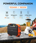 Portable Power Station 1600W Peak 3200W With Built In Solar Panel 1024Wh LiFePO4 Battery shown on picnic table outdoors.