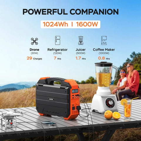 Portable Power Station 1600W Peak 3200W With Built In Solar Panel 1024Wh LiFePO4 Battery shown on picnic table outdoors.