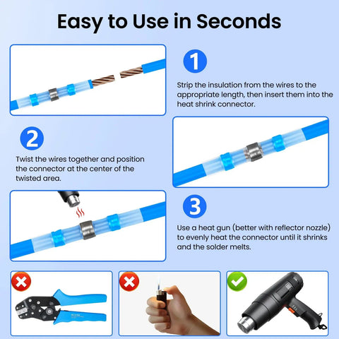 Instructions for using the 350 Piece Solder Seal Wire Connectors Kit All In One With Marine Grade Heat Shrink Waterproof Butt Splice Terminals