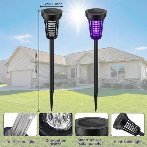 Solar Powered Outdoor Bug Zapper With IP66 Waterproof Build, dual-color lights, for pest control in garden shown installed outdoors