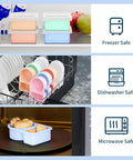 Five Pack Silicone Snack Containers With Two Compartments And Lids 8 Oz Capacity Rainbow Set in freezer, dishwasher, and microwave