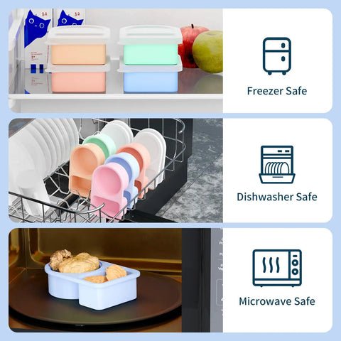 Five Pack Silicone Snack Containers With Two Compartments And Lids 8 Oz Capacity Rainbow Set in freezer, dishwasher, and microwave