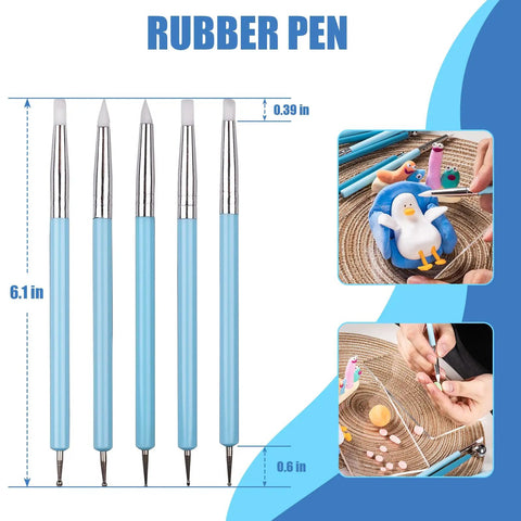 2 In 1 Dotting And Brush Tool For Clay And Nail Art Silicone Ball Stylus Set With Five Blue Handles Ceramic Dotting Tools For Rock Painting Pottery Embossing Blending Drawing And Modeling, 6.1 in