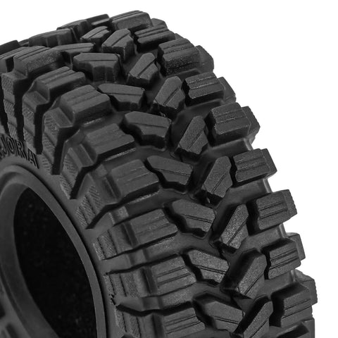 Close-up of King Trekker S5 1.3 Inch All Terrain RC Crawler Tire showcasing aggressive side lugs and beefy durable bias ply build.