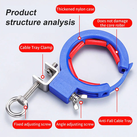 Heavy Duty Cable Tray Roller For Electrical Installations, 65mm Opening, Reinforced Stainless Steel Clamps, Durable Nylon And Steel Construction, Smooth Wire Laying And Pulling, Cable Guide Roller For Job Sites, blue clamp detail