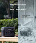 Comparison of 716Wh Portable Solar Generator With 160W Panel LiFePO4 Battery vs gas generator on table outdoors