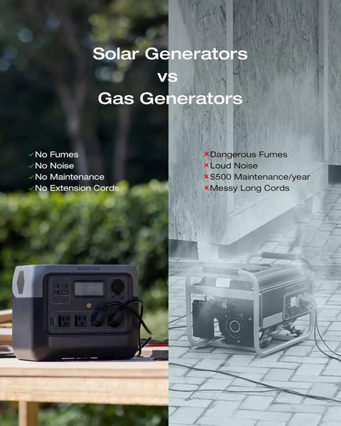 Comparison of 716Wh Portable Solar Generator With 160W Panel LiFePO4 Battery vs gas generator on table outdoors