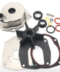 Water Pump Impeller Kit With Housing For Mercury Marine 30 To 250 HP MerCruiser Alpha One Gen Two Drives And Chrysler Force 75 To 120 HP Outboards Replacement with components displayed including housing, impeller, gaskets, and O-rings.