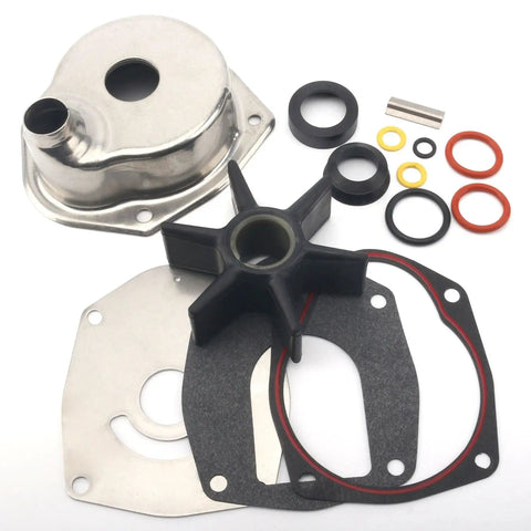 Water Pump Impeller Kit With Housing For Mercury Marine 30 To 250 HP MerCruiser Alpha One Gen Two Drives And Chrysler Force 75 To 120 HP Outboards Replacement with components displayed including housing, impeller, gaskets, and O-rings.