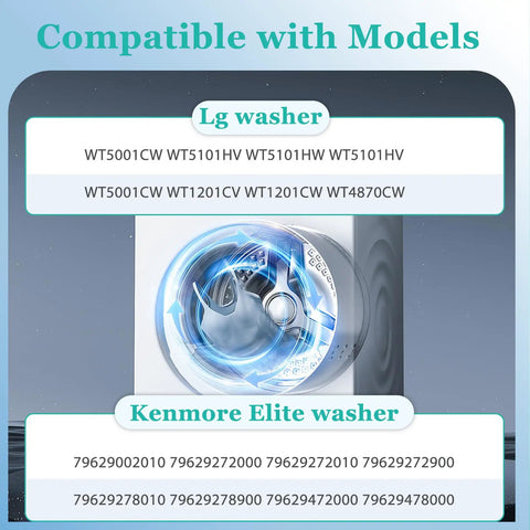 Visual showing compatible washer models including WT1101VW WT4870CW with Suspension Rod Upgrade Kit For Front Load Washer Models WT1101VW WT4870CW WT1201CV/W WT5101HV/W WT1101CW WT5001CW With AJK72909308 Upgrade For Reliable Support Quieter Operation And Long Lasting Performance.