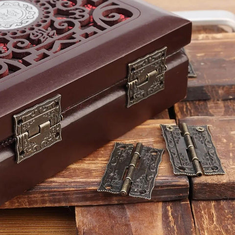 Bronze Antique Miniature Hinge Set For Craft Projects Six Pack Tiny Hinges For Decorating Retro Style Wooden Boxes, installed view