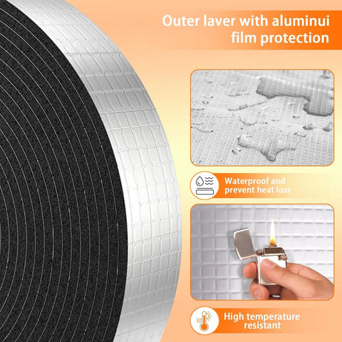 Image of Beefed Up Heavy Duty Pipe Insulation Wrap 2 Inch By 33 Foot Self Adhesive Aluminum Foil Tube showing waterproof and heat resistance features.