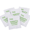 Front view of a set of white Flents Wipe'n Clear lens wipe sachets with green text.