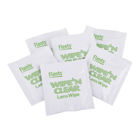 Front view of a set of white Flents Wipe'n Clear lens wipe sachets with green text.